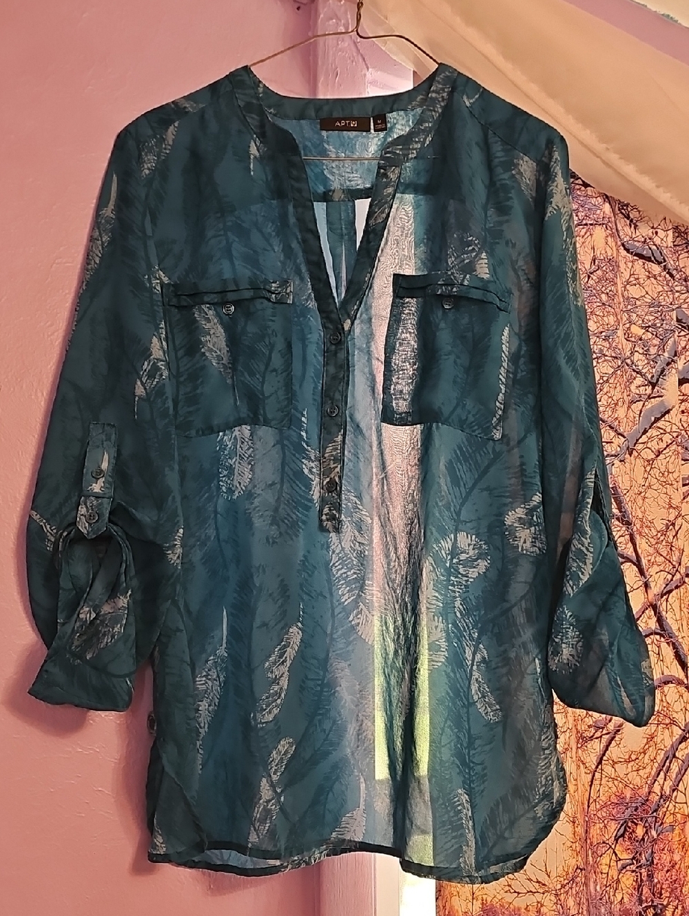 Apt. 9 Teal Feather-Print Button Henley Blouse